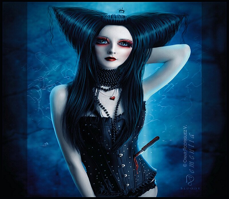 Woman with Dark Hair — Blue, Dramatic, Night, Digital Art, Corset