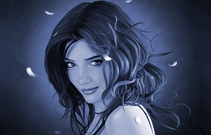 Woman with Dark Hair — Blue, Dramatic, Night, Digital Art, Feathers