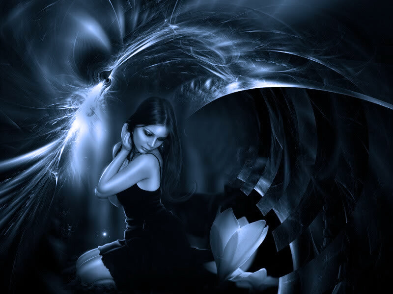Woman with Dark Hair — Blue, Dramatic, Night, Digital Art, Light Effect
