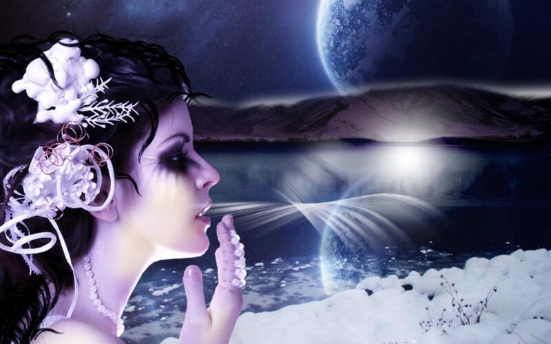 Woman with Dark Hair — Blue, Dramatic, Night, Digital Art, Moon