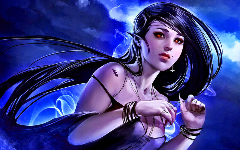 Woman with Dark Hair — Blue, Dramatic, Night, Digital Art, Red Eyes