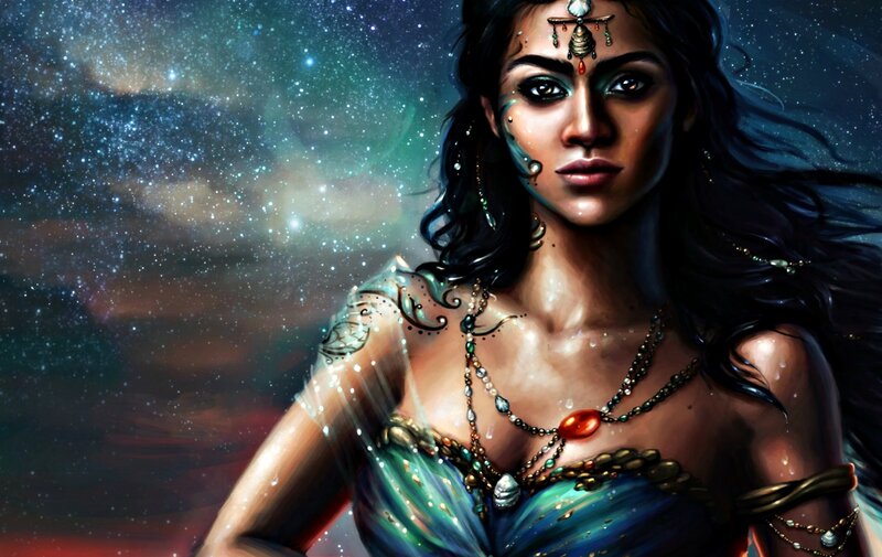 Woman with Dark Hair — Blue, Dramatic, Night, Digital Art, Starfield