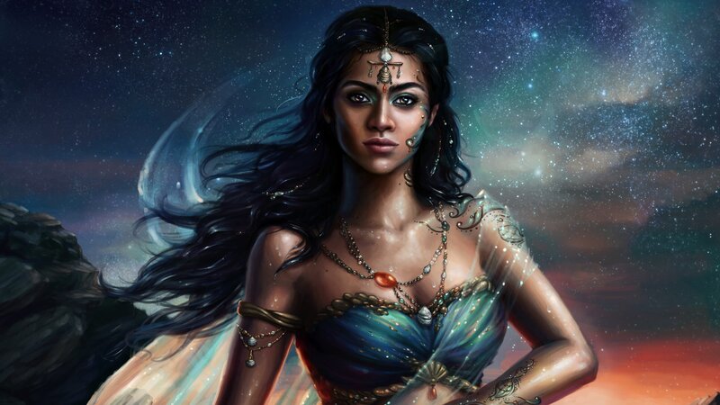 Woman with Dark Hair — Blue, Dramatic, Night, Digital Art, Starry Sky