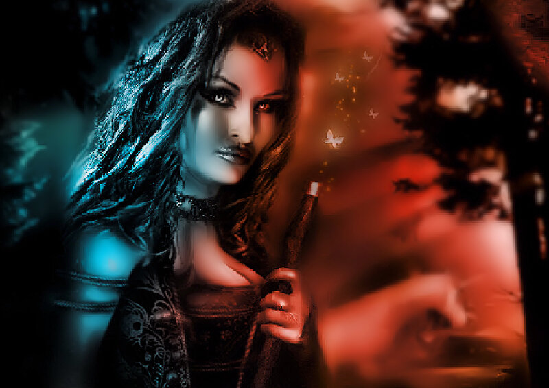 Woman with Dark Hair — Blue, Dramatic, Night, Digital Art, Wand