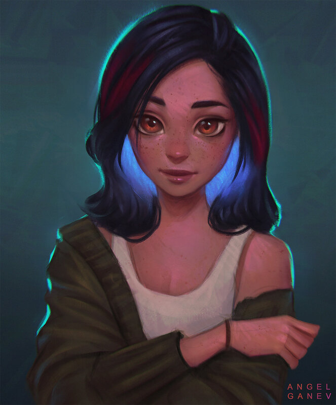 Woman with Dark Hair — Blue, Dramatic, Night, Digital Art, White Tank Top