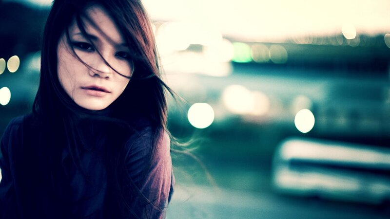 Woman with Dark Hair — Blue, Dramatic, Night, Photograph, Lights