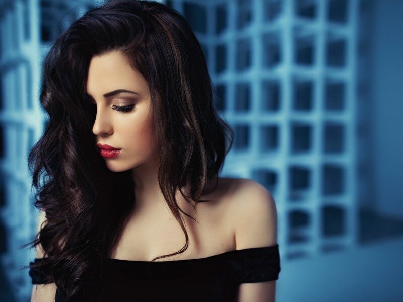 Woman with Dark Hair — Blue, Dramatic, Photograph, Black Top, Makeup