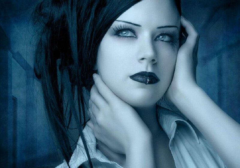 Woman with Dark Hair — Blue, Dramatic, Photograph, Hands