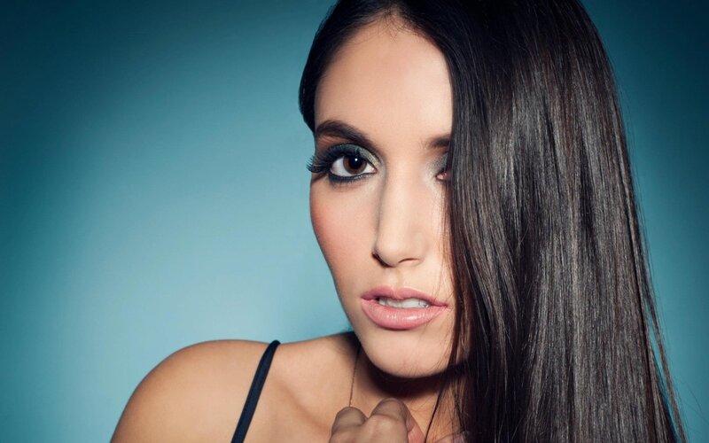 Woman with Dark Hair — Blue, Dramatic, Photograph, Makeup, Black Top