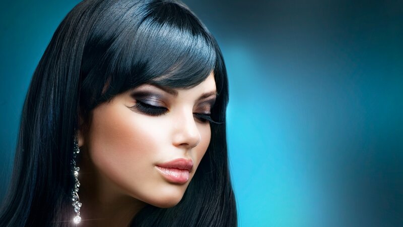 Woman with Dark Hair — Blue, Dramatic, Photograph, Makeup, Earrings