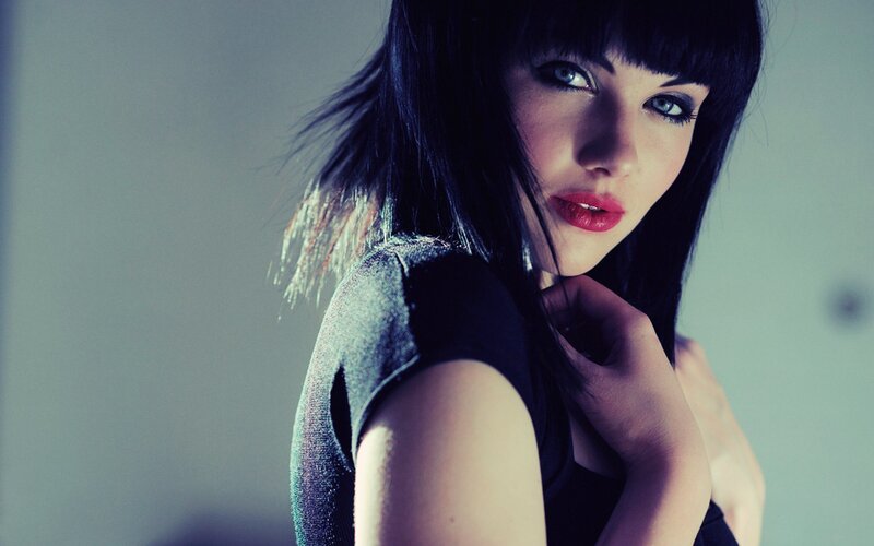 Woman with Dark Hair — Blue, Dramatic, Photograph, Red Lipstick, Black Top, Bangs