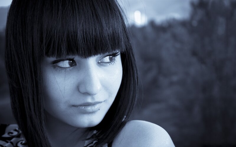 Woman with Dark Hair — Blue, Dramatic, Photograph, Shoulder, Eyes