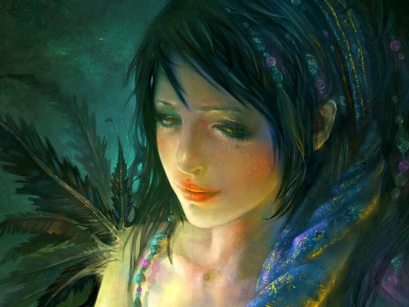 Woman with Dark Hair — Blue, Dreamy, Digital Art, Feathers