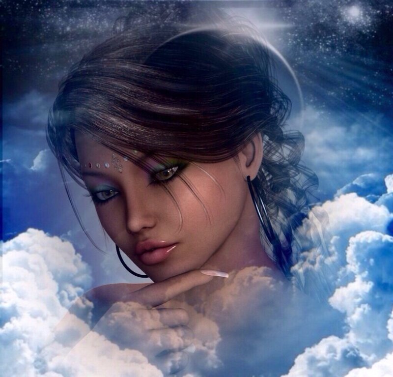 Woman with Dark Hair — Blue, Dreamy, Night, Digital Art