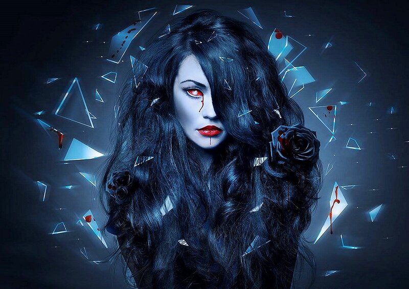 Woman with Dark Hair — Blue, Night, Digital Art