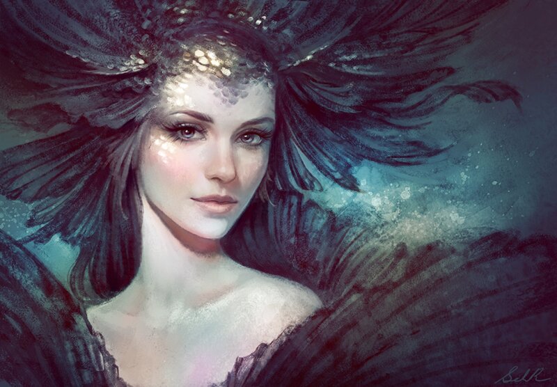 Woman with Dark Hair — Blue, Serene, Digital Art, Dark Hair