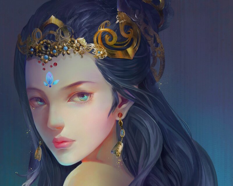 Woman with Dark Hair — Blue, Serene, Digital Art, Headpiece