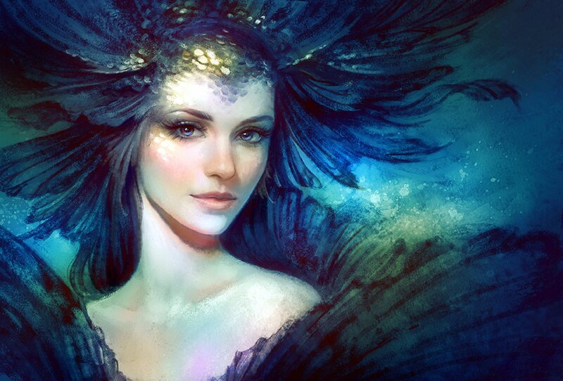 Woman with Dark Hair — Blue, Serene, Digital Art, Light
