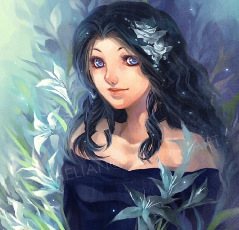 Woman with Dark Hair — Blue, Serene, Night, Digital Art