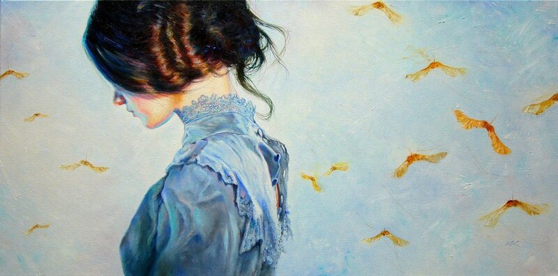 Woman with Dark Hair — Blue, Serene, Painting