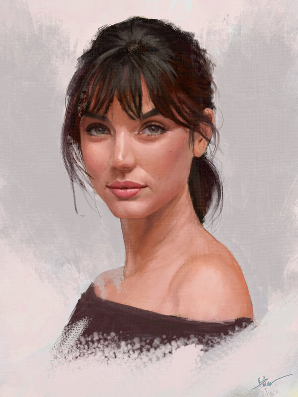 Woman with Dark Hair — Brown, Calm, Digital Art, Black Top, Bangs