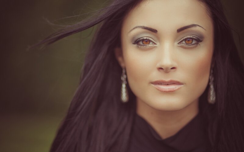 Woman with Dark Hair — Brown, Calm, Photograph, Earrings, Makeup, Long Hair, Black