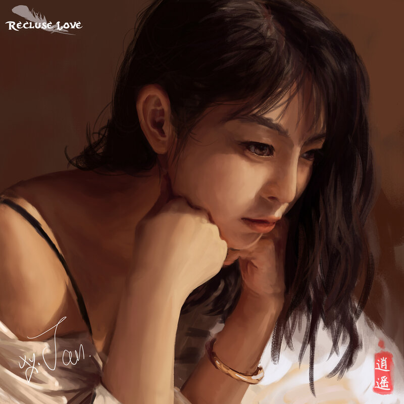 Woman with Dark Hair — Brown, Contemplative, Digital Art, Feather