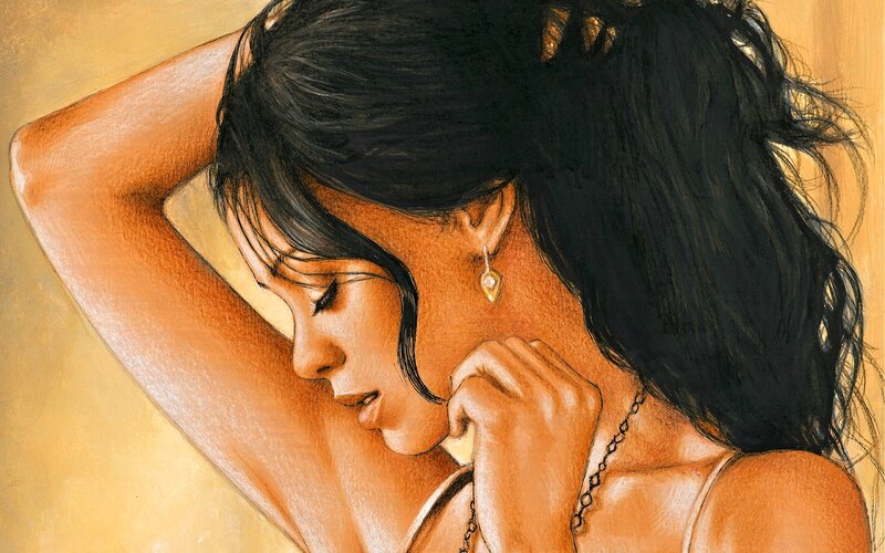 Woman with Dark Hair — Brown, Contemplative, Painting