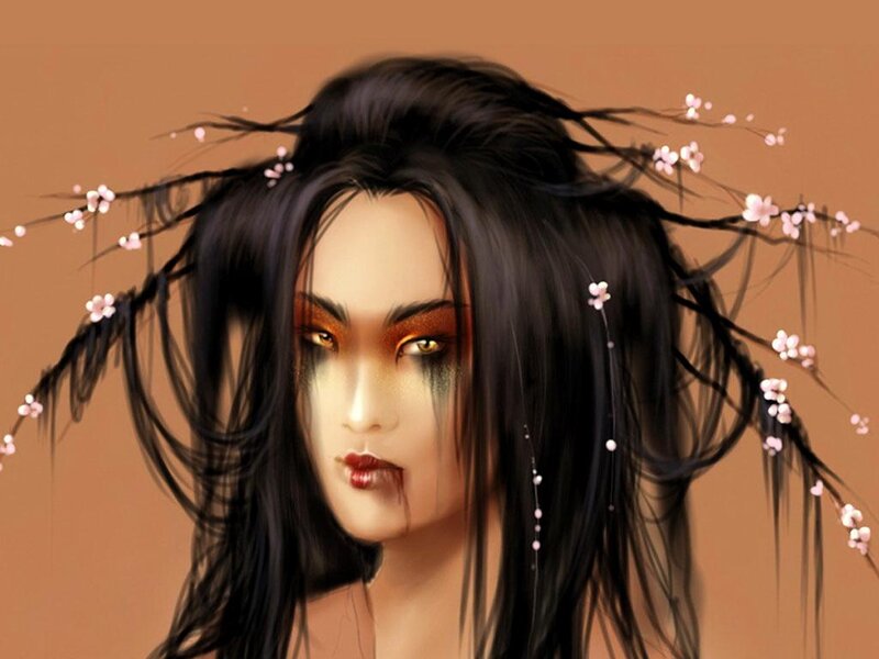Woman with Dark Hair — Brown, Dramatic, Digital Art, Cherry Blossoms