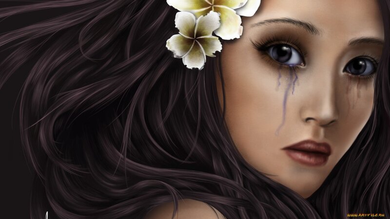 Woman with Dark Hair — Brown, Dramatic, Digital Art, Flower
