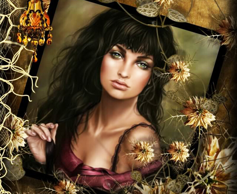 Woman with Dark Hair — Brown, Dramatic, Digital Art, Flowers