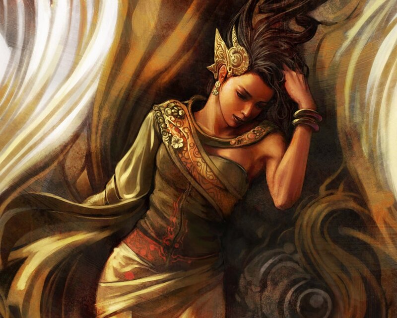 Woman with Dark Hair — Brown, Dramatic, Digital Art, Gold Headpiece