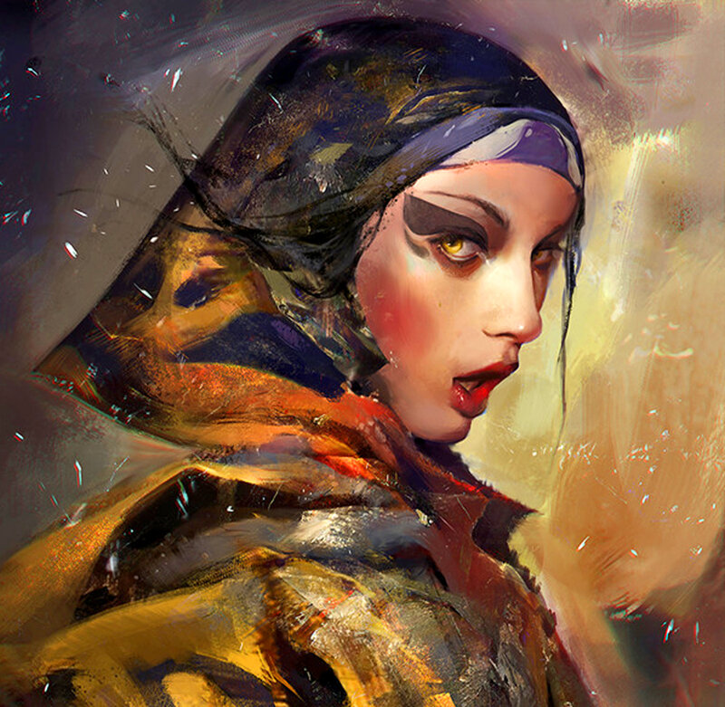 Woman with Dark Hair — Brown, Dramatic, Digital Art, Scarf