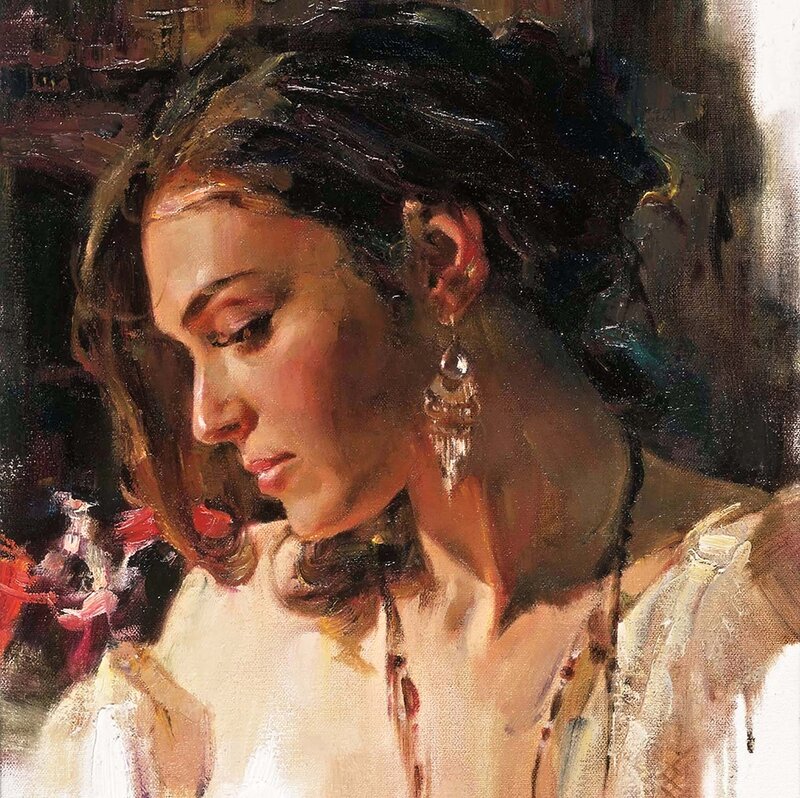 Woman with Dark Hair — Brown, Dramatic, Painting, Earring