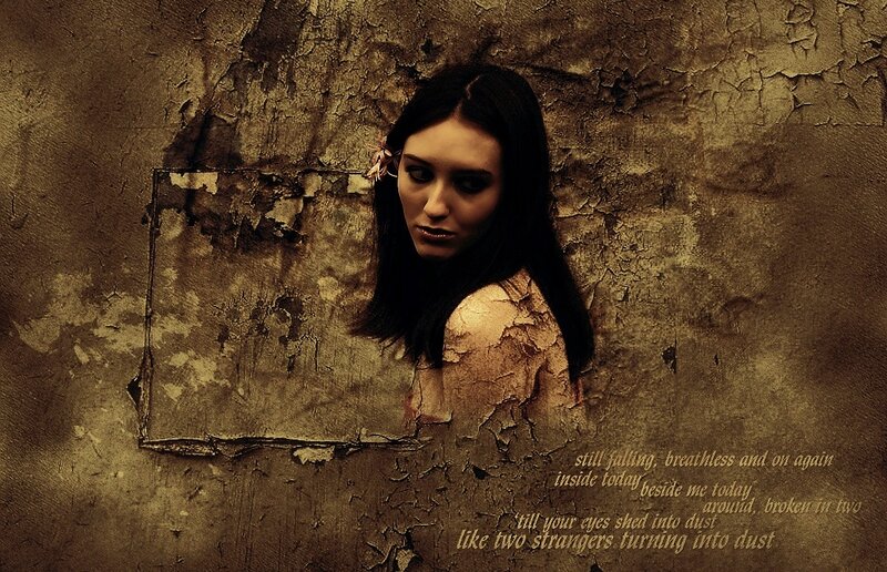 Woman with Dark Hair — Brown, Dramatic, Photograph, Cracked Wall