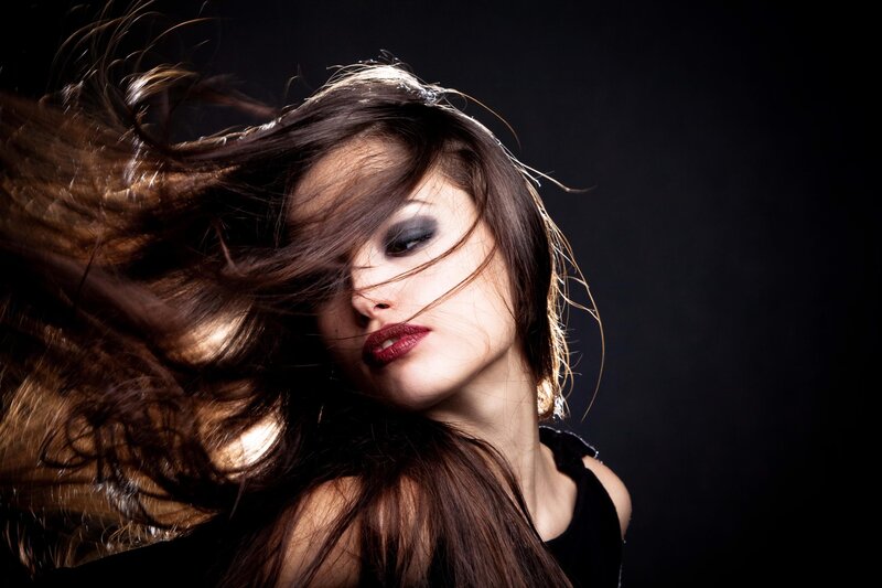 Woman with Dark Hair — Brown, Dramatic, Photograph, Makeup, Black Background