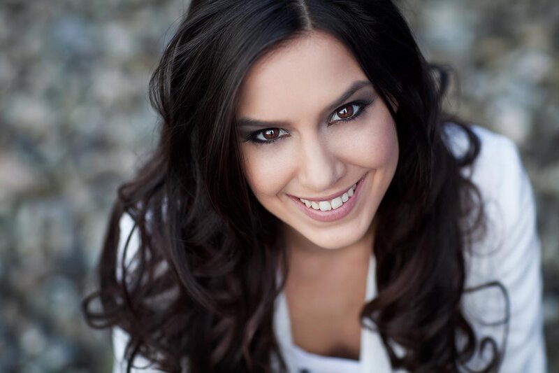 Woman with Dark Hair — Brown, Friendly, Photograph, White Shirt
