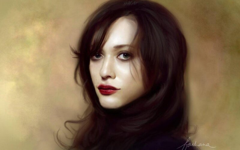 Woman with Dark Hair — Brown, Neutral, Digital Art, Red Lipstick, Brown Background