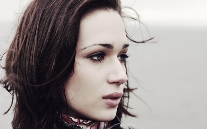 Woman with Dark Hair — Brown, Neutral, Photograph, Scarf