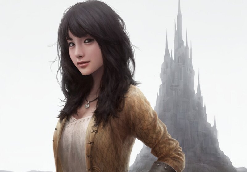 Woman with Dark Hair — Brown, Serene, Digital Art, Castle