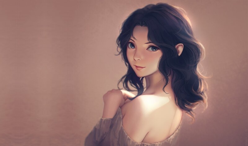 Woman with Dark Hair — Brown, Serene, Digital Art, Shoulder