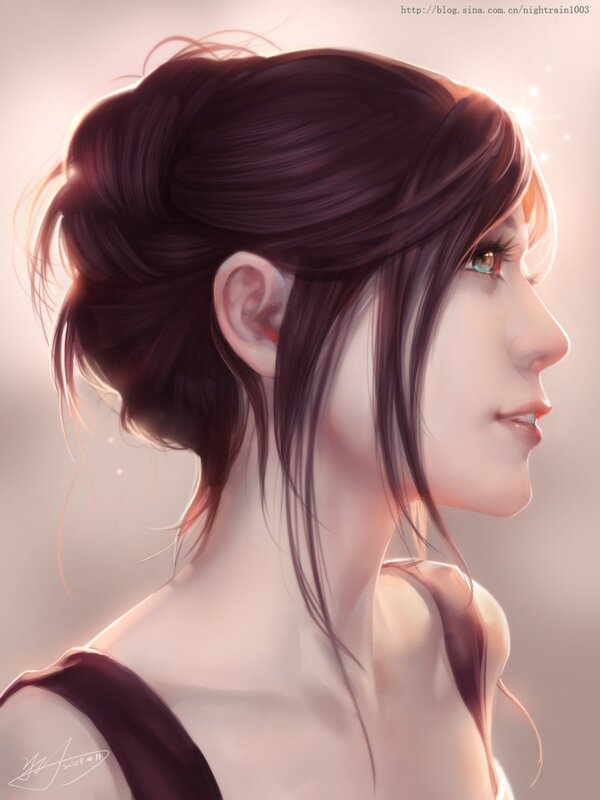 Woman with Dark Hair — Brown, Serene, Sunset, Digital Art