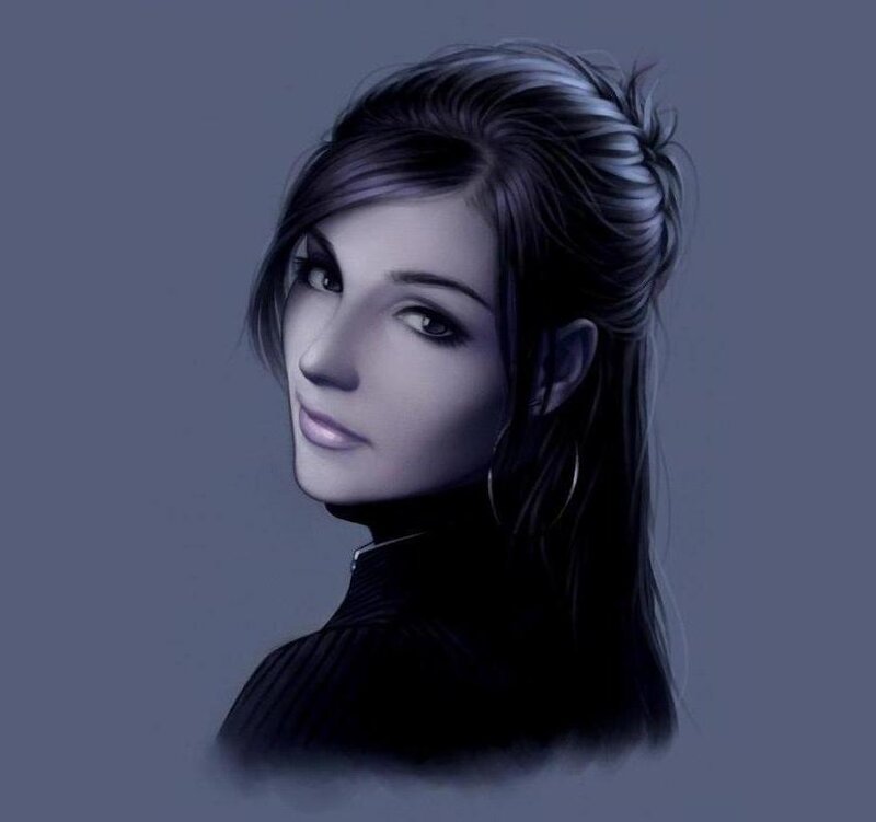Woman with Dark Hair — Gray, Dramatic, Digital Art, Hoop Earring