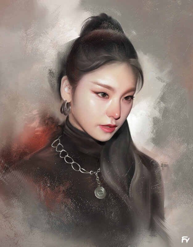 Woman with Dark Hair — Gray, Dramatic, Digital Art, Necklace