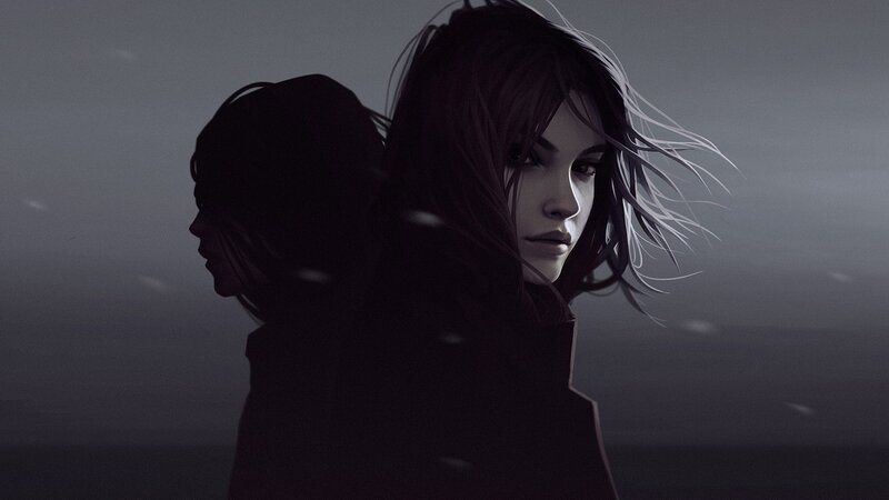 Woman with Dark Hair — Gray, Dramatic, Digital Art, Person, Coat