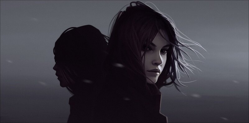 Woman with Dark Hair — Gray, Dramatic, Digital Art, Person