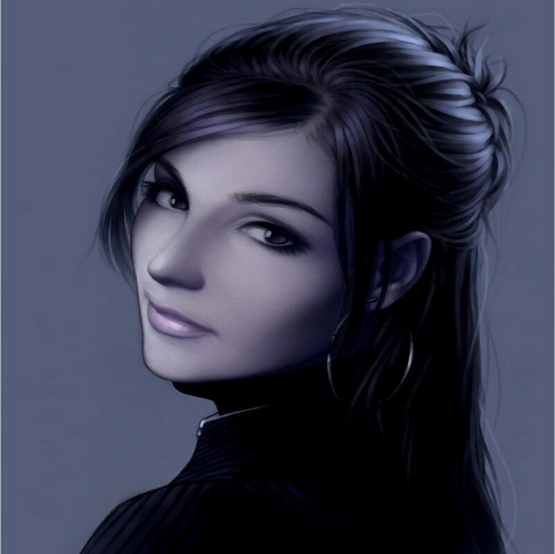 Woman with Dark Hair — Gray, Dramatic, Digital Art