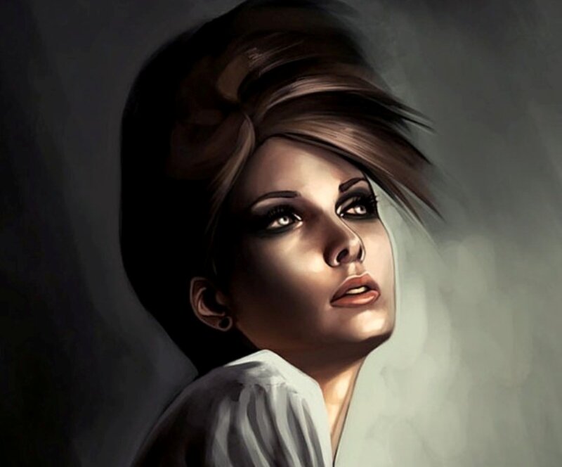 Woman with Dark Hair — Gray, Dramatic, Digital Art, White Shirt