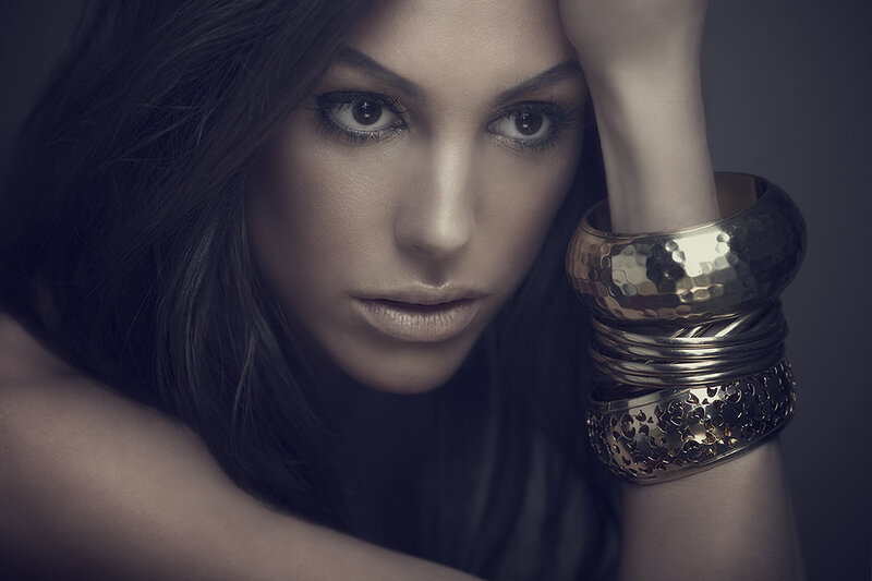 Woman with Dark Hair — Gray, Dramatic, Photograph, Bracelets