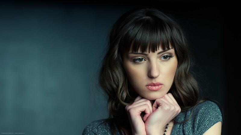 Woman with Dark Hair — Gray, Dramatic, Photograph, Hands